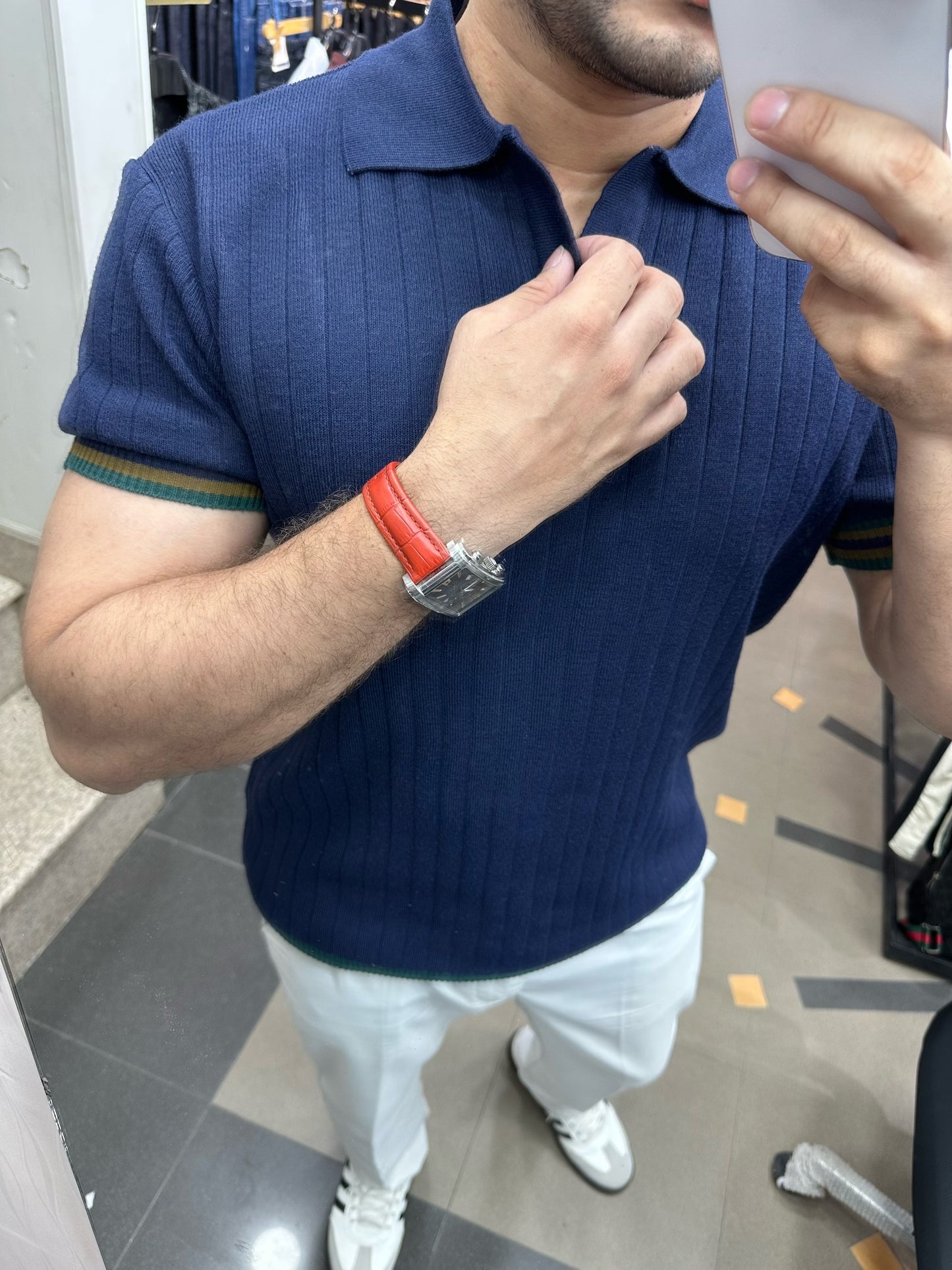 italian style ribbed knit polo shirt